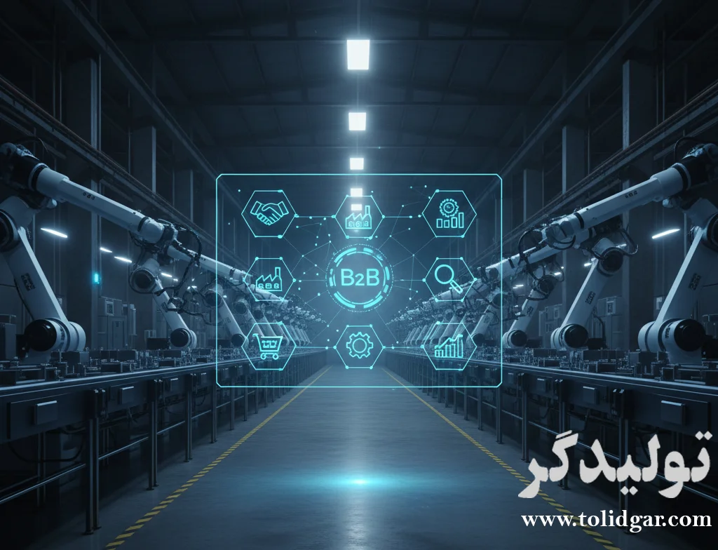 تصویر جذاب و مدرن از پلتفرم B2B تولیدگر برای ثبت آگهی های صنعتی و جذب پروژه. نمایشگر محیط دیجیتالی شده صنعت 2025 با لوگوی tolidgar.com